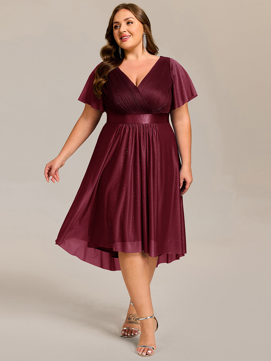 V-Neck Ruffles Sleeve Asymmetrical Hem Midi Length Wedding Guest Dress #color_Burgundy