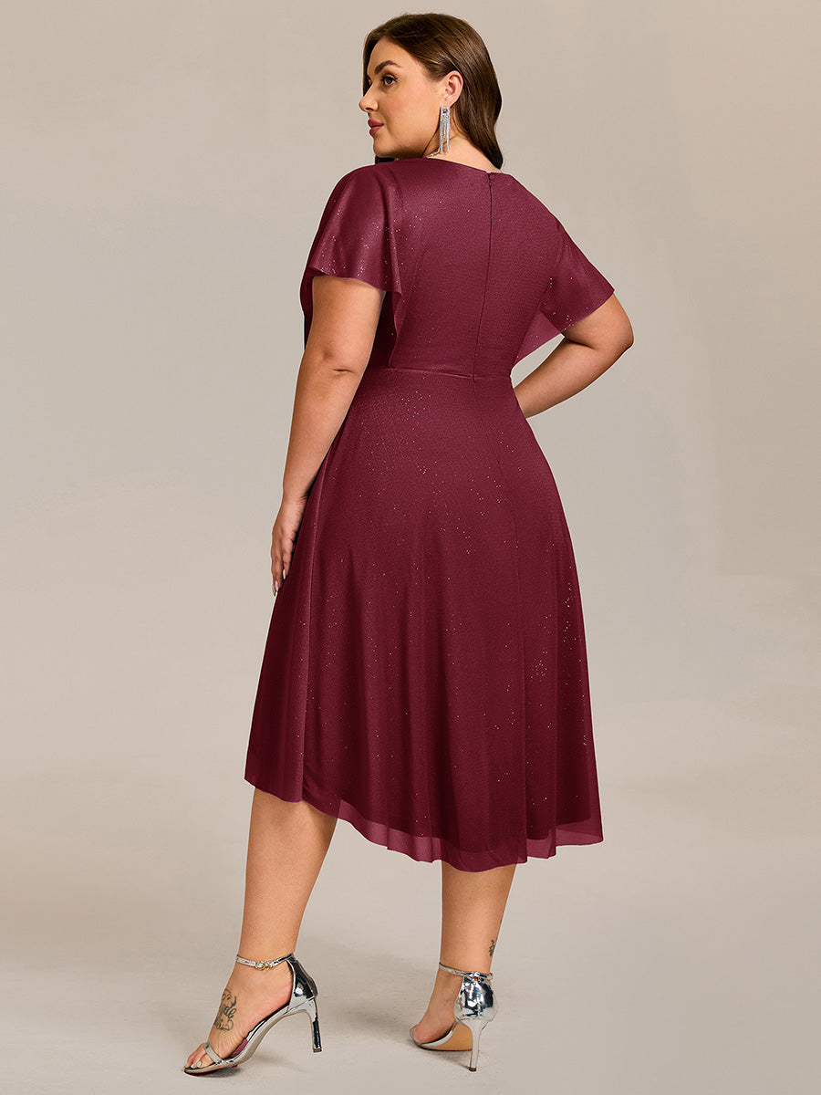 V-Neck Ruffles Sleeve Asymmetrical Hem Midi Length Wedding Guest Dress #color_Burgundy