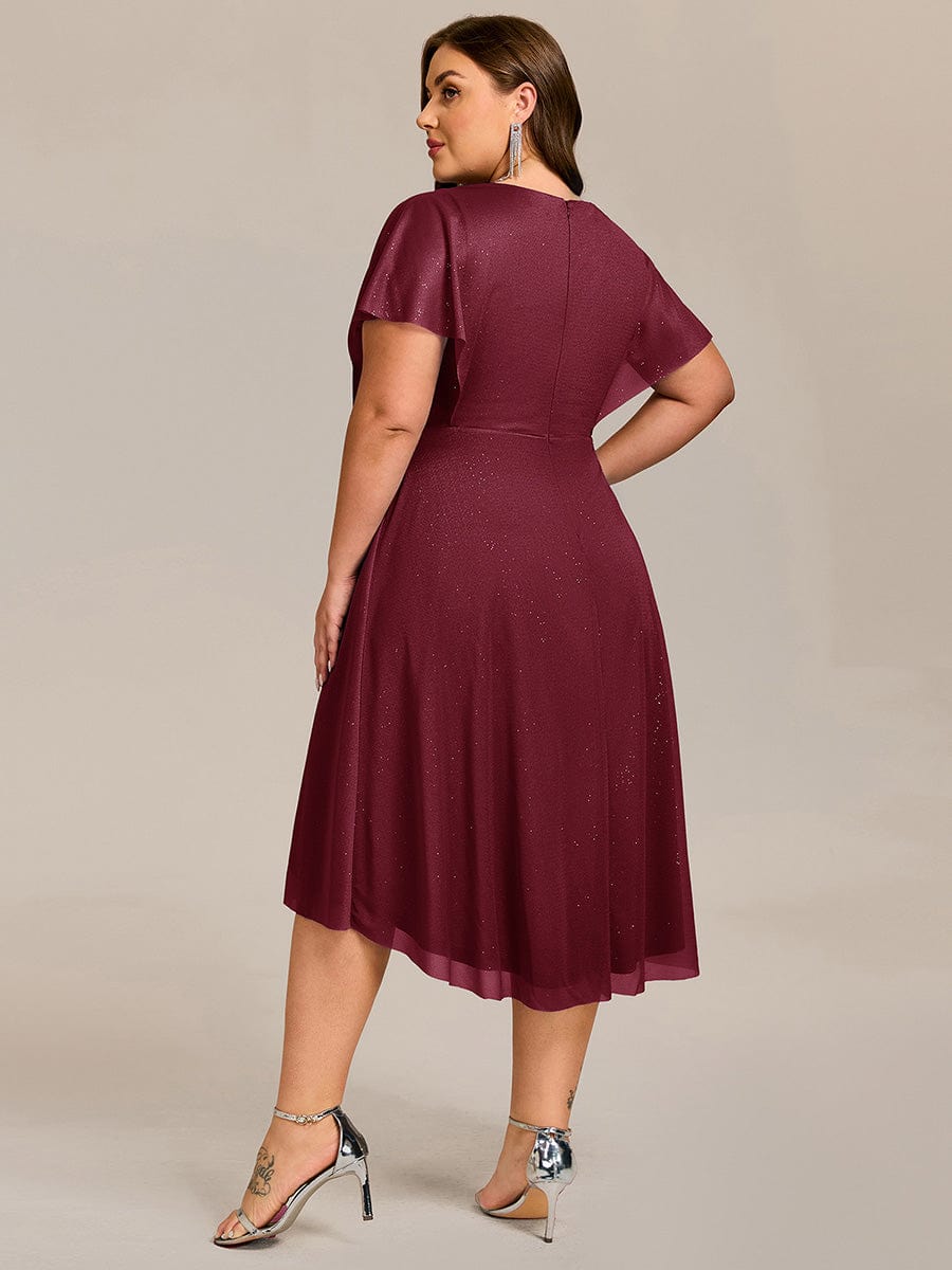 Plus Size Glitter Ruffles Sleeve Asymmetrical Hem Midi Wedding Guest Dress #color_Burgundy