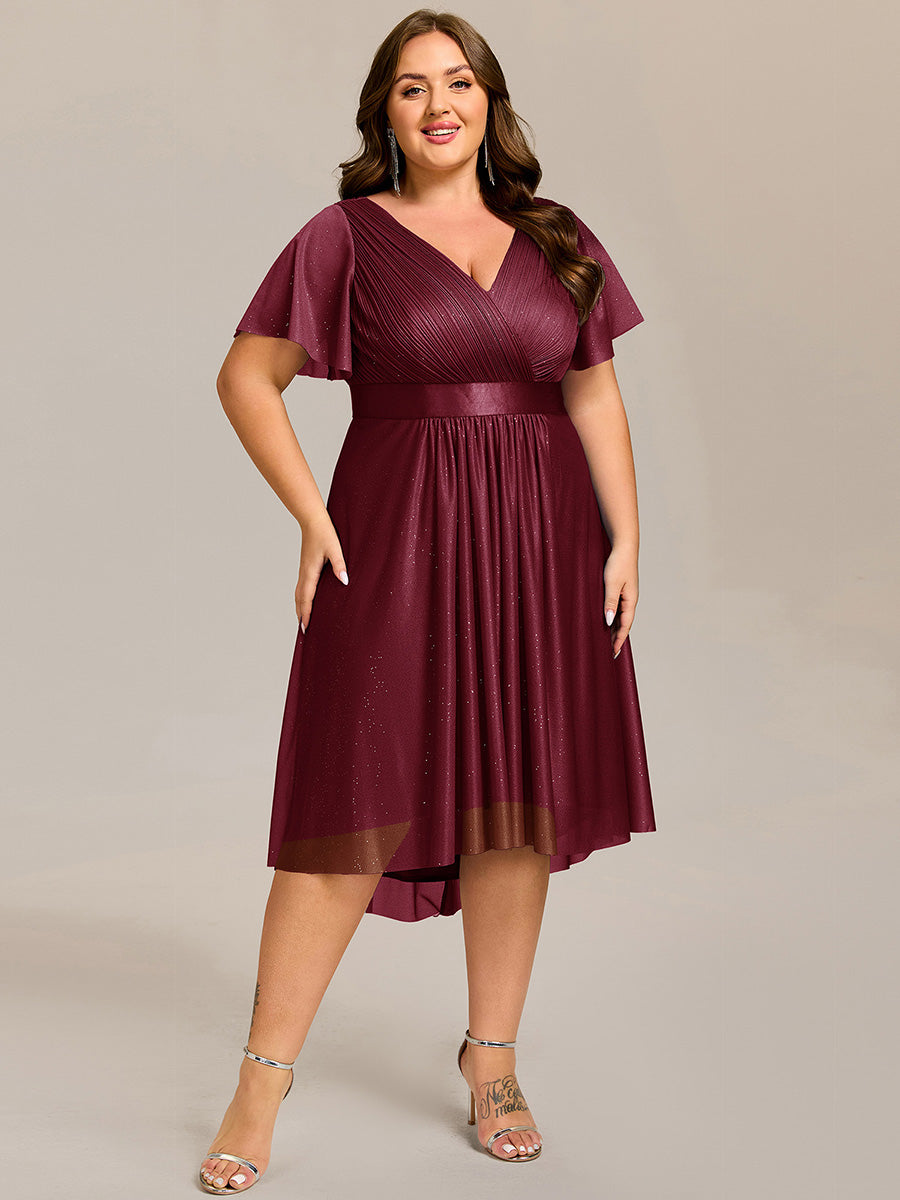 V-Neck Ruffles Sleeve Asymmetrical Hem Midi Length Wedding Guest Dress #color_Burgundy