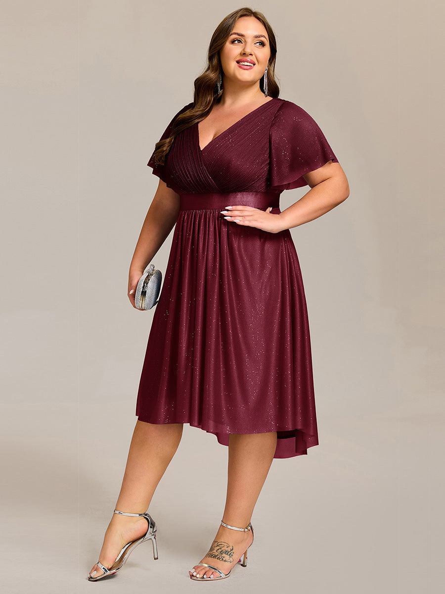 V-Neck Ruffles Sleeve Asymmetrical Hem Midi Length Wedding Guest Dress #color_Burgundy