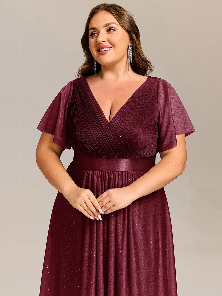 Plus Size Glitter Ruffles Sleeve Asymmetrical Hem Midi Wedding Guest Dress #color_Burgundy