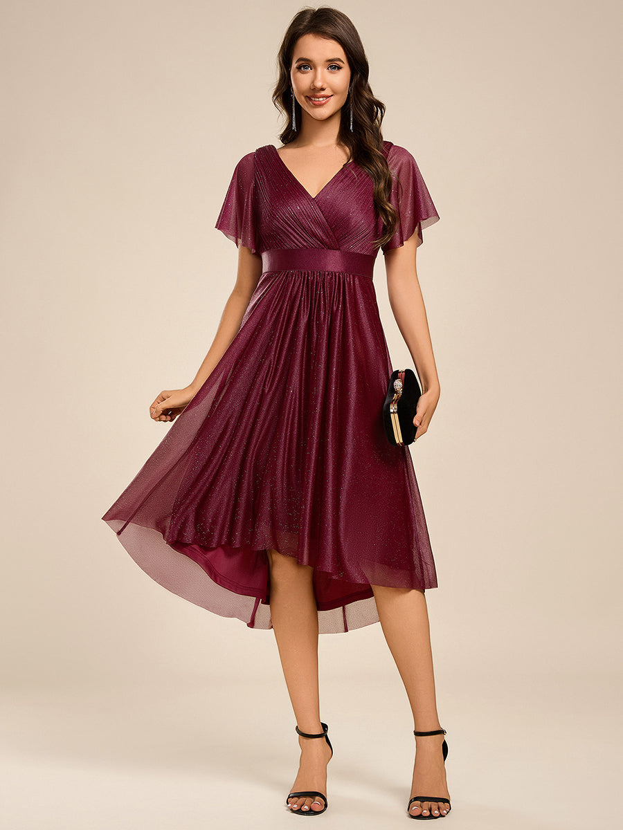 V-Neck Ruffles Sleeve Asymmetrical Hem Midi Length Wedding Guest Dress #color_Burgundy