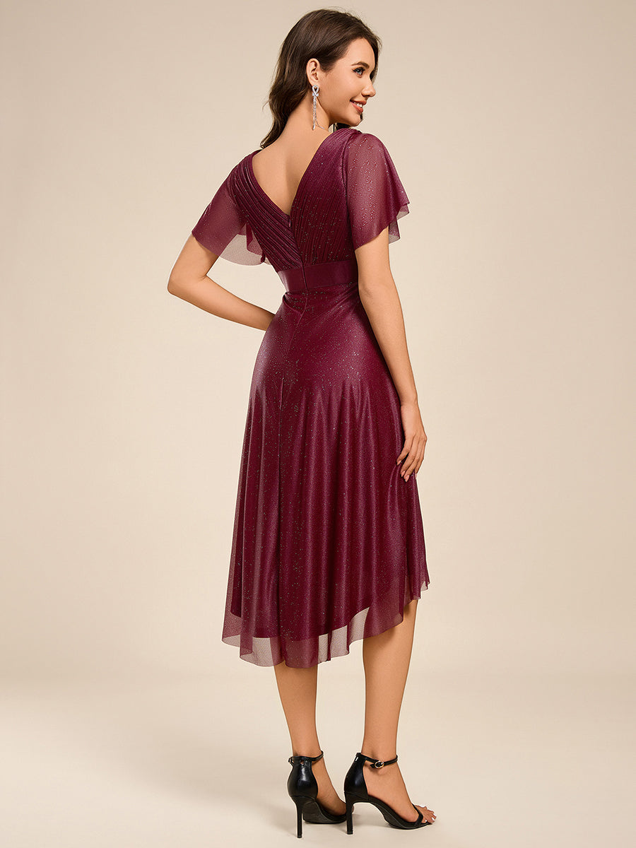 V-Neck Ruffles Sleeve Asymmetrical Hem Midi Length Wedding Guest Dress #color_Burgundy