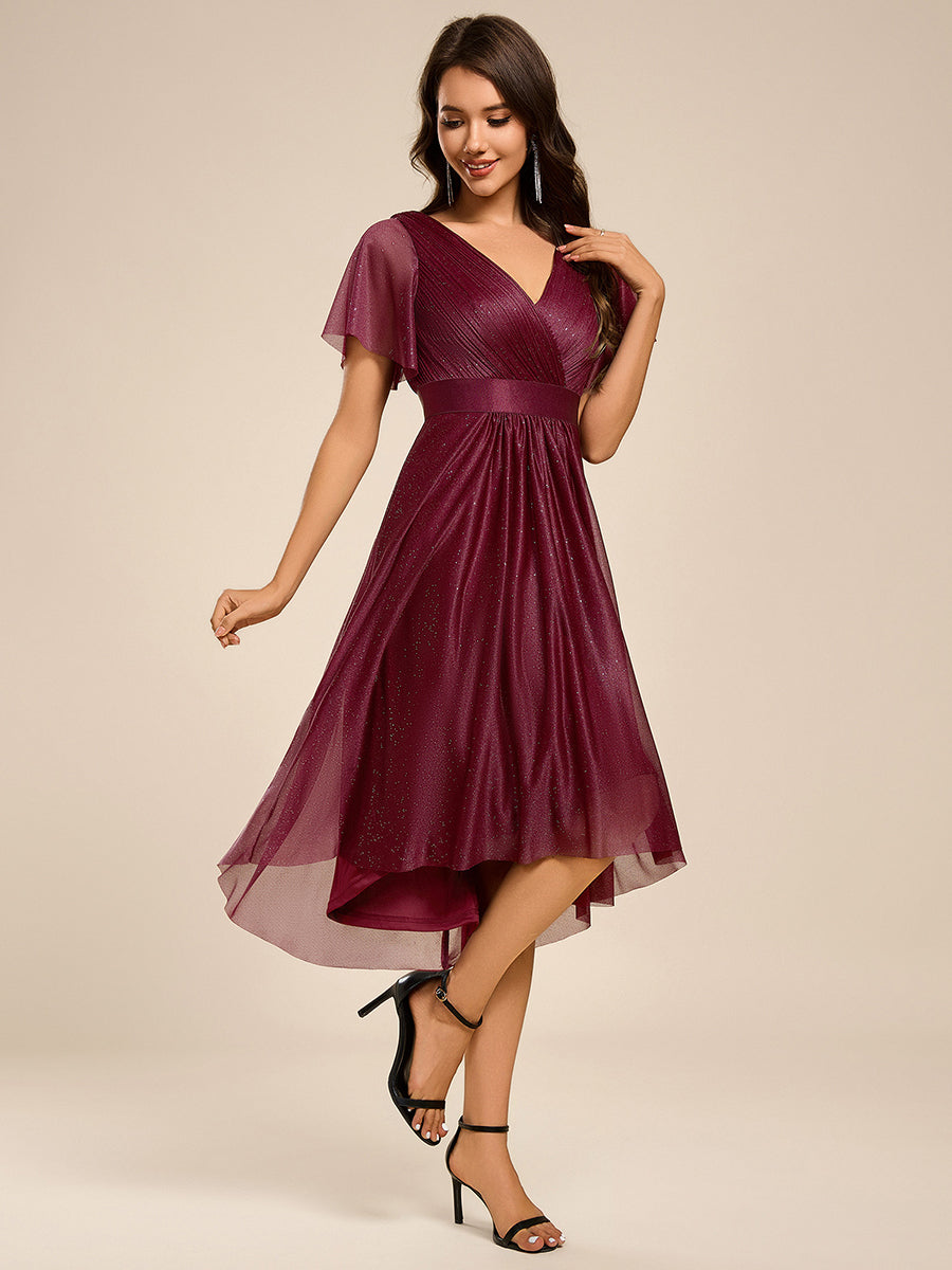 V-Neck Ruffles Sleeve Asymmetrical Hem Midi Length Wedding Guest Dress #color_Burgundy