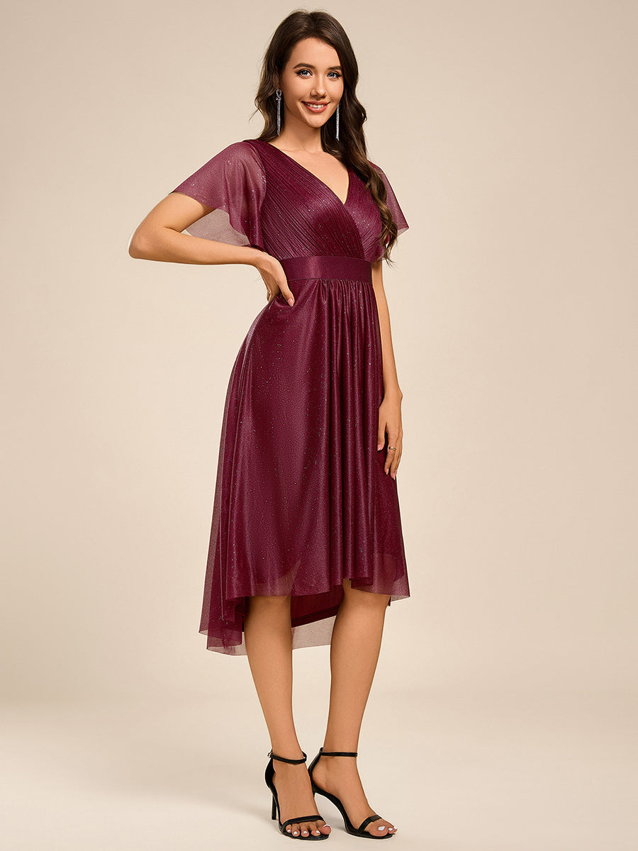 V-Neck Ruffles Sleeve Asymmetrical Hem Midi Length Wedding Guest Dress #color_Burgundy