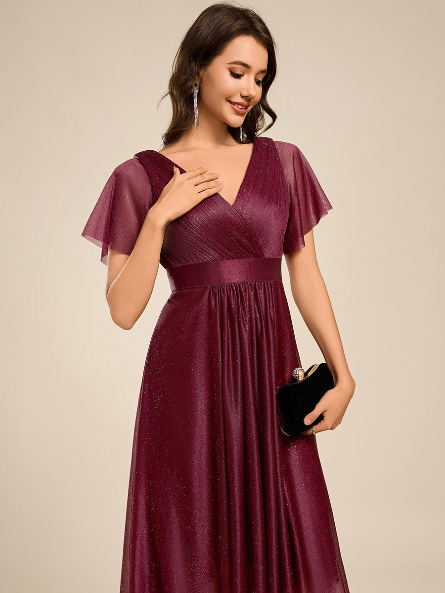 V-Neck Ruffles Sleeve Asymmetrical Hem Midi Length Wedding Guest Dress #color_Burgundy