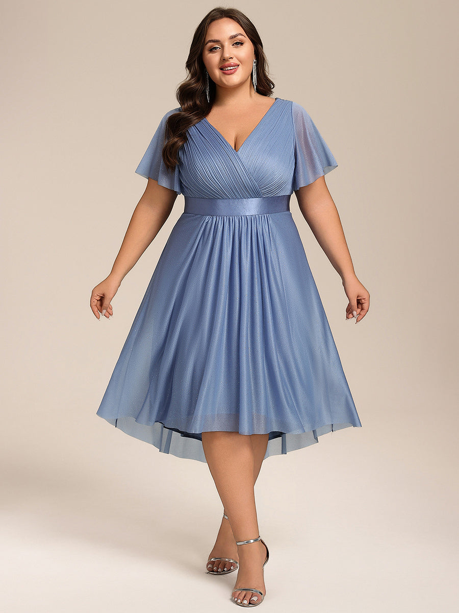 V-Neck Ruffles Sleeve Asymmetrical Hem Midi Length Wedding Guest Dress #color_Dusty Blue