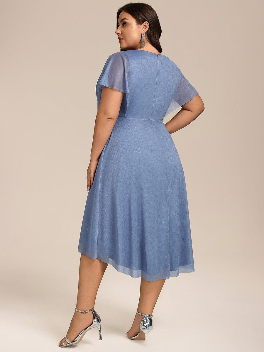 Plus Size Glitter Ruffles Sleeve Asymmetrical Hem Midi Wedding Guest Dress #color_Dusty Blue