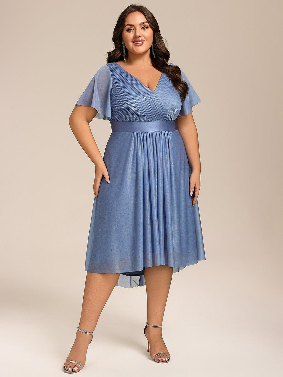 V-Neck Ruffles Sleeve Asymmetrical Hem Midi Length Wedding Guest Dress #color_Dusty Blue