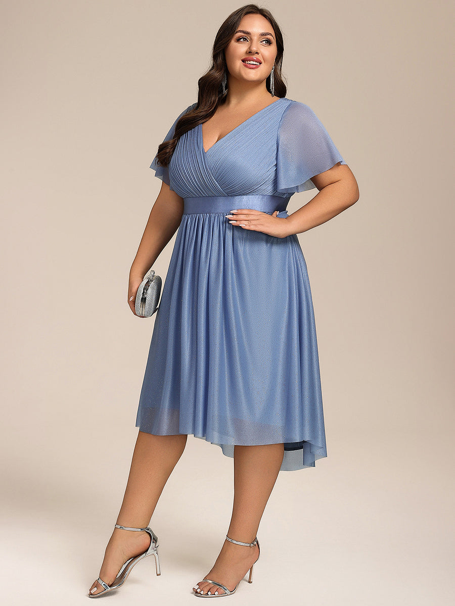 V-Neck Ruffles Sleeve Asymmetrical Hem Midi Length Wedding Guest Dress #color_Dusty Blue