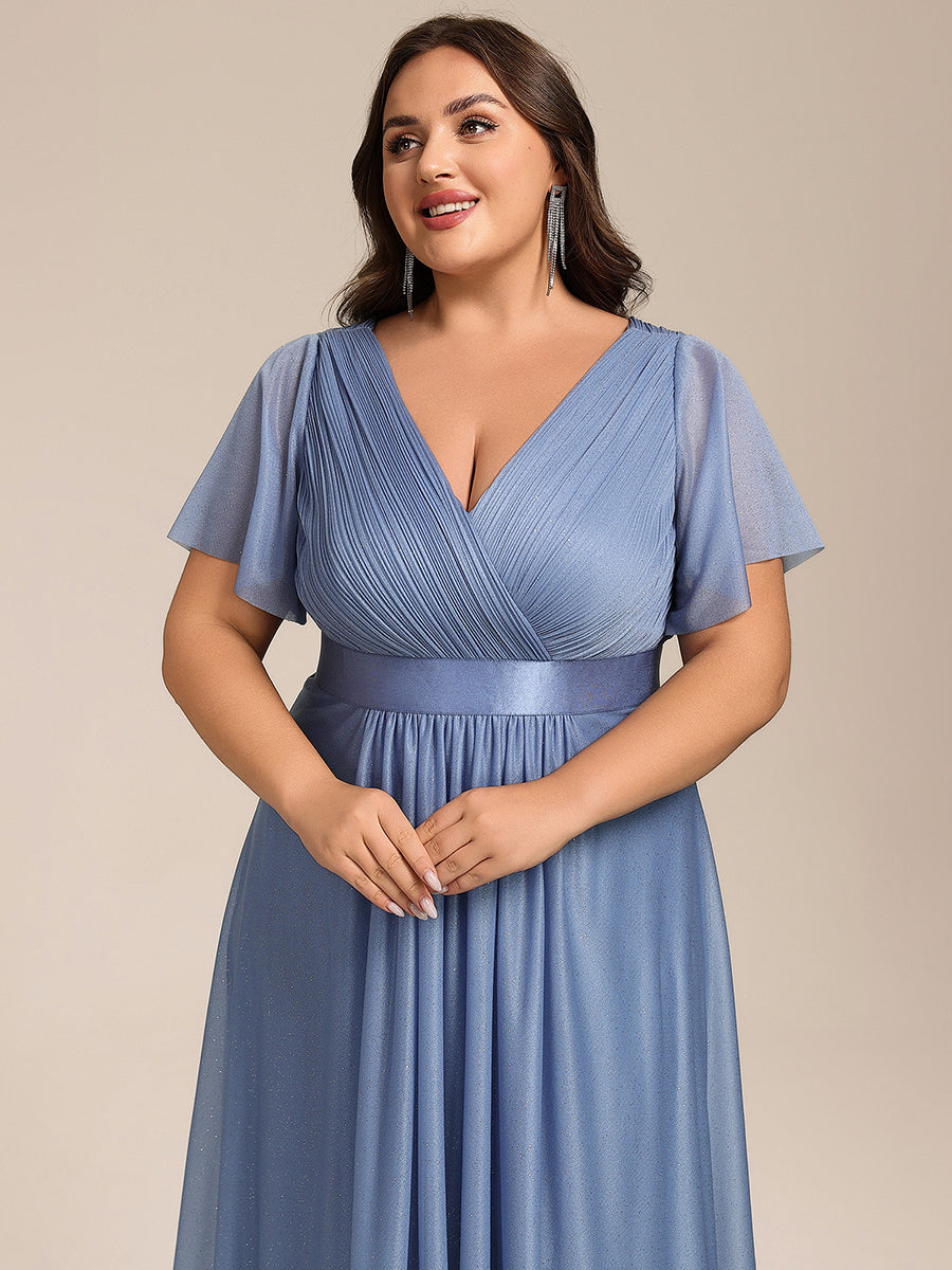 V-Neck Ruffles Sleeve Asymmetrical Hem Midi Length Wedding Guest Dress #color_Dusty Blue