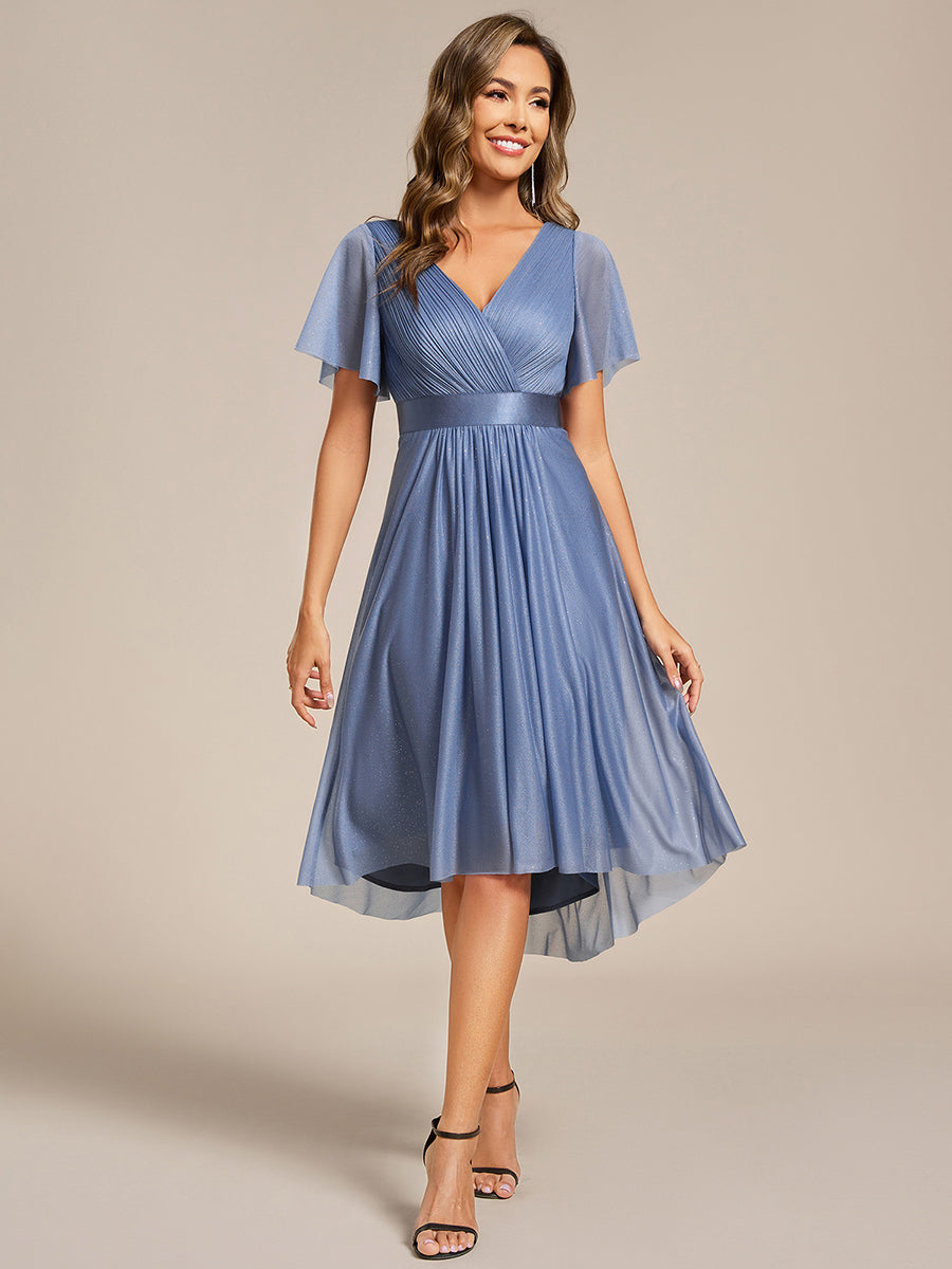 V-Neck Ruffles Sleeve Asymmetrical Hem Midi Length Wedding Guest Dress #color_Dusty Blue