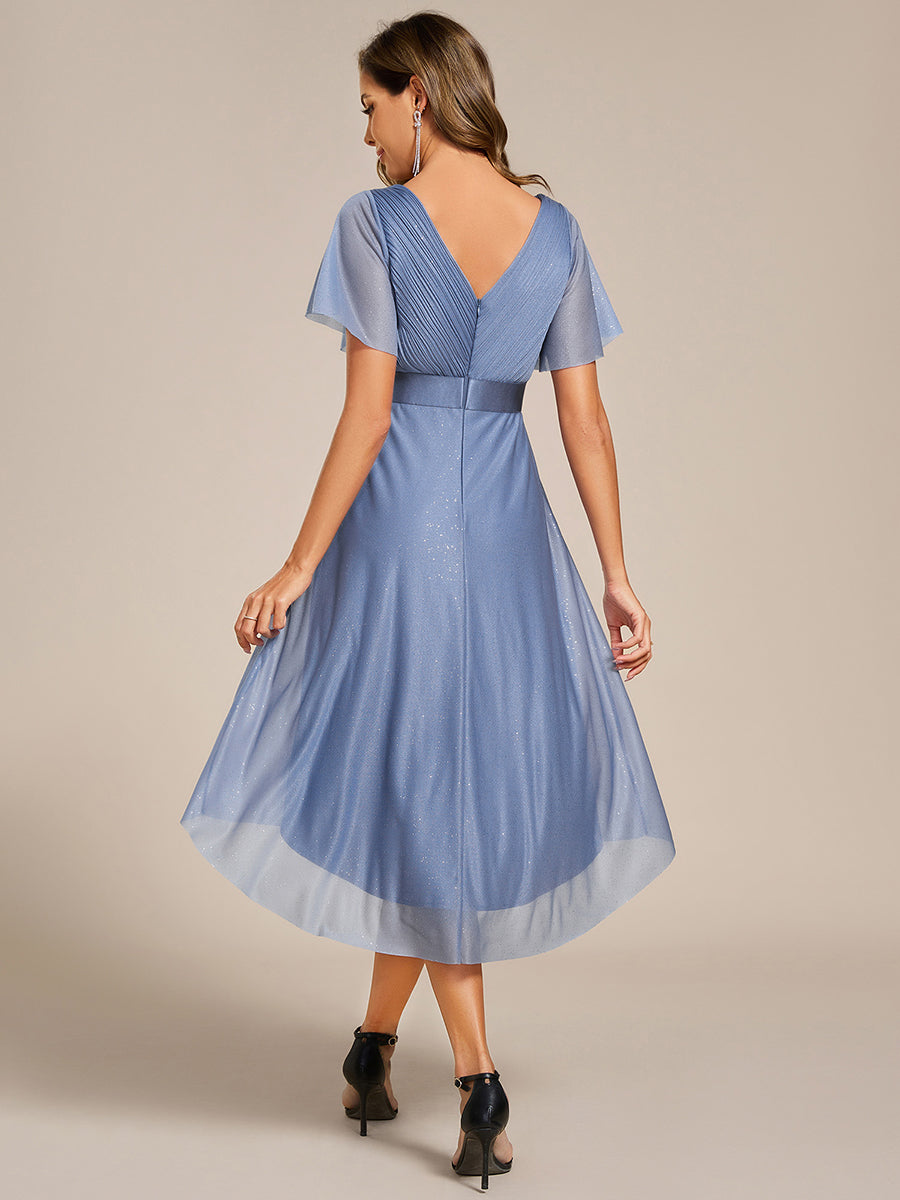 V-Neck Ruffles Sleeve Asymmetrical Hem Midi Length Wedding Guest Dress #color_Dusty Blue