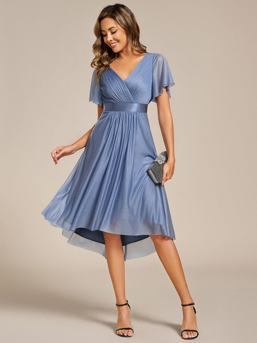 V-Neck Ruffles Sleeve Asymmetrical Hem Midi Length Wedding Guest Dress #color_Dusty Blue