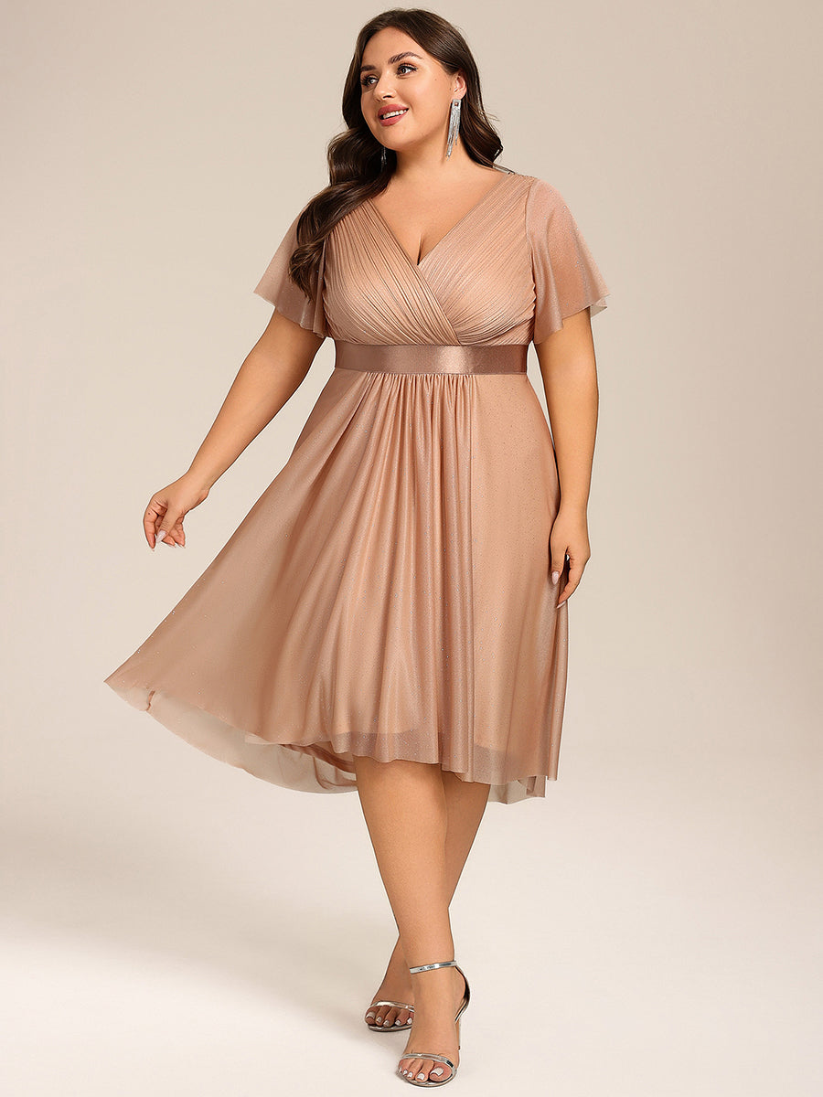 V-Neck Ruffles Sleeve Asymmetrical Hem Midi Length Wedding Guest Dress #color_Rose Gold