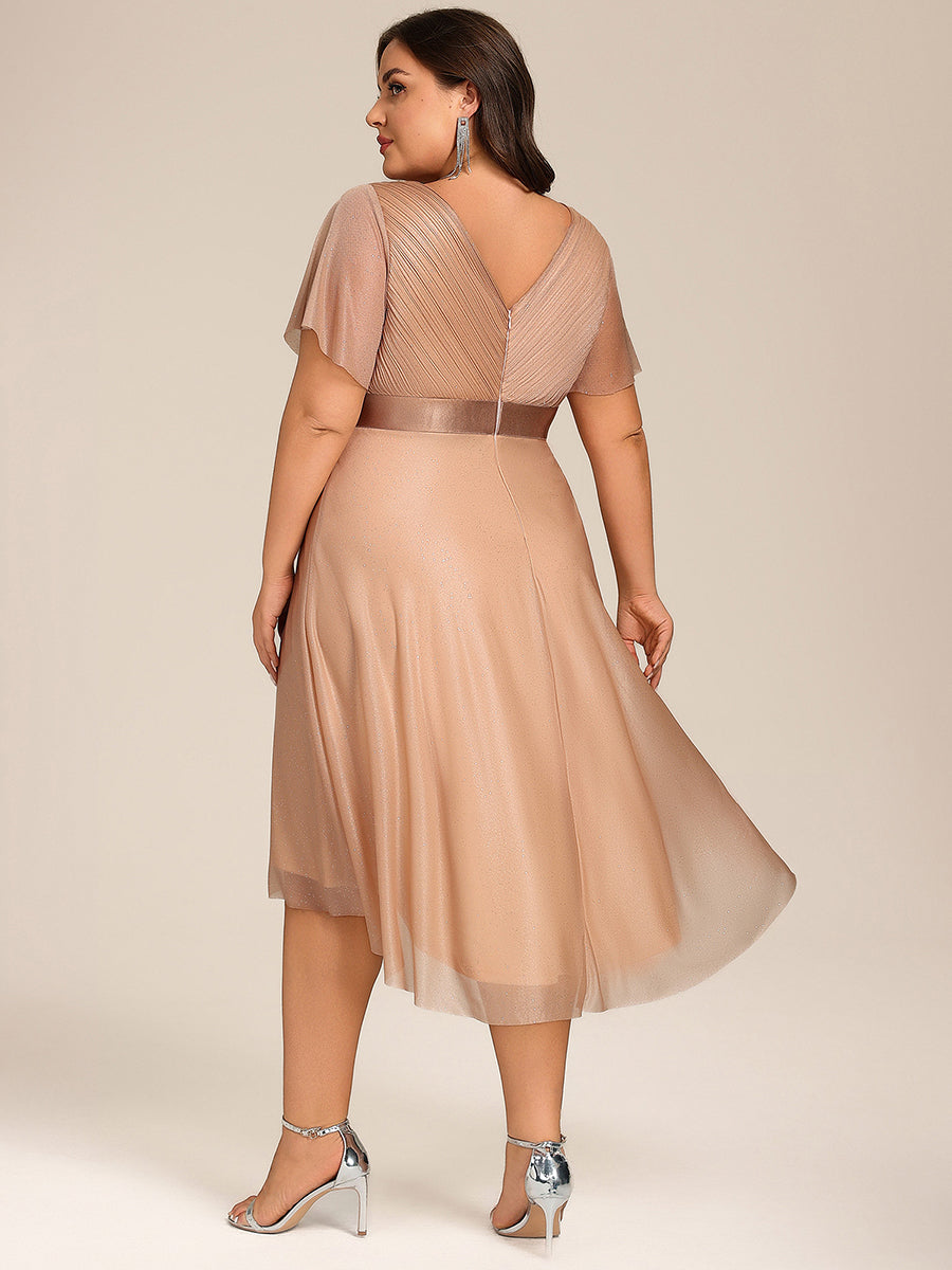 V-Neck Ruffles Sleeve Asymmetrical Hem Midi Length Wedding Guest Dress #color_Rose Gold