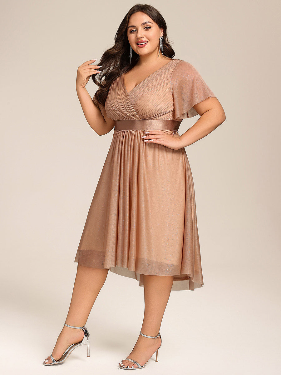 V-Neck Ruffles Sleeve Asymmetrical Hem Midi Length Wedding Guest Dress #color_Rose Gold