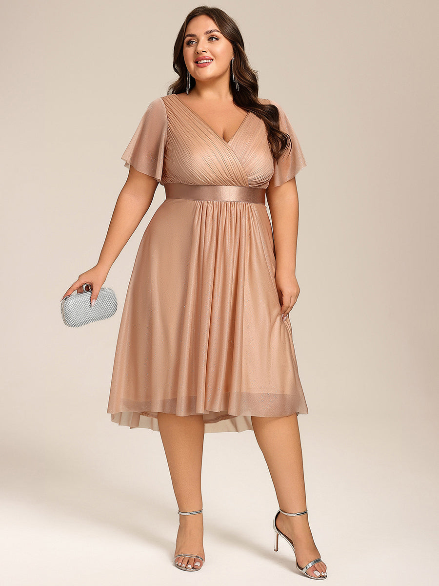 V-Neck Ruffles Sleeve Asymmetrical Hem Midi Length Wedding Guest Dress #color_Rose Gold