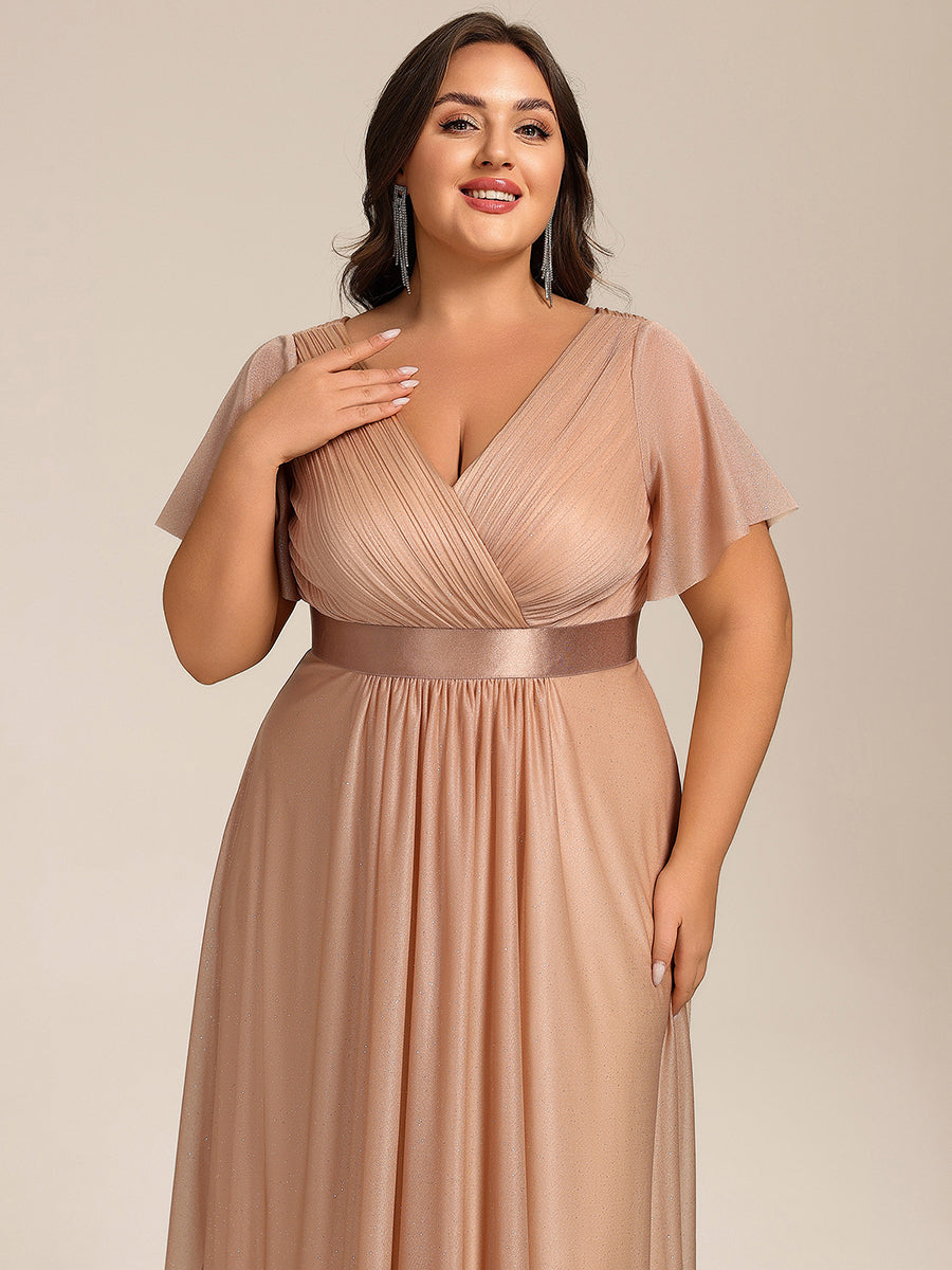 V-Neck Ruffles Sleeve Asymmetrical Hem Midi Length Wedding Guest Dress #color_Rose Gold