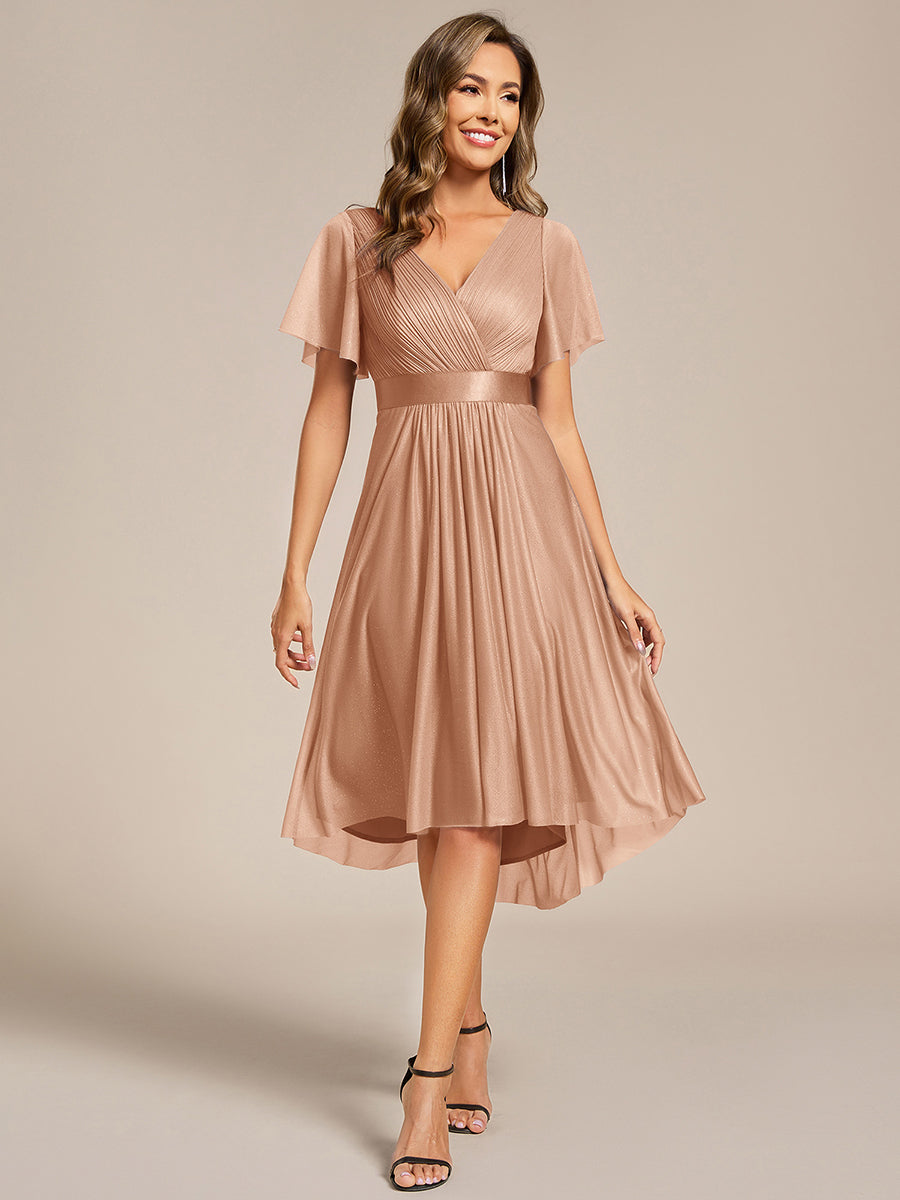 V-Neck Ruffles Sleeve Asymmetrical Hem Midi Length Wedding Guest Dress #color_Rose Gold