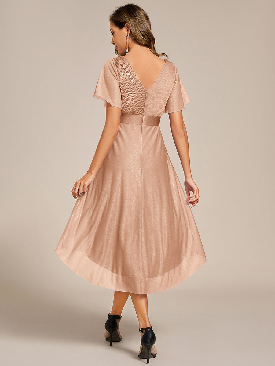 V-Neck Ruffles Sleeve Asymmetrical Hem Midi Length Wedding Guest Dress #color_Rose Gold