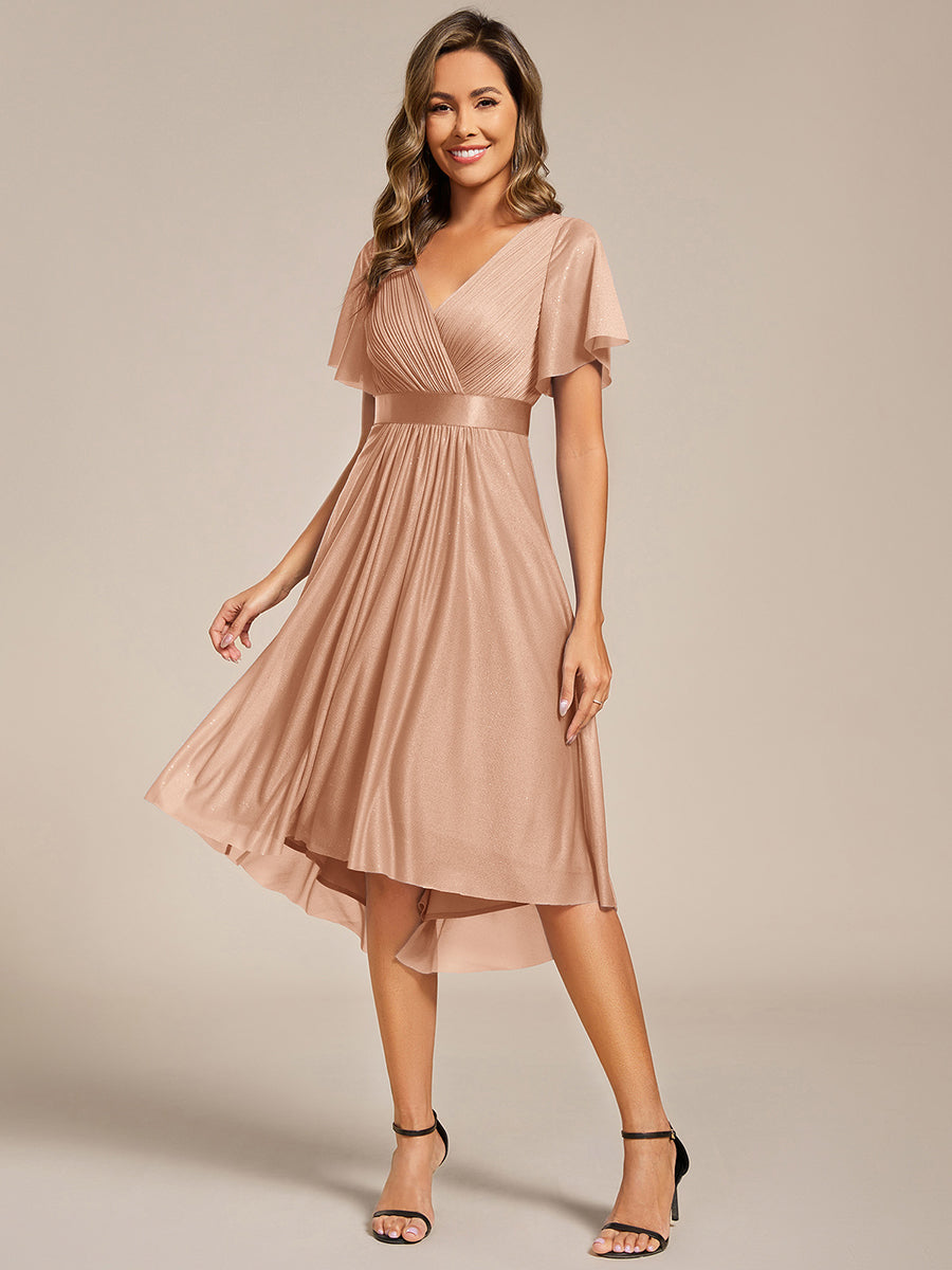 V-Neck Ruffles Sleeve Asymmetrical Hem Midi Length Wedding Guest Dress #color_Rose Gold