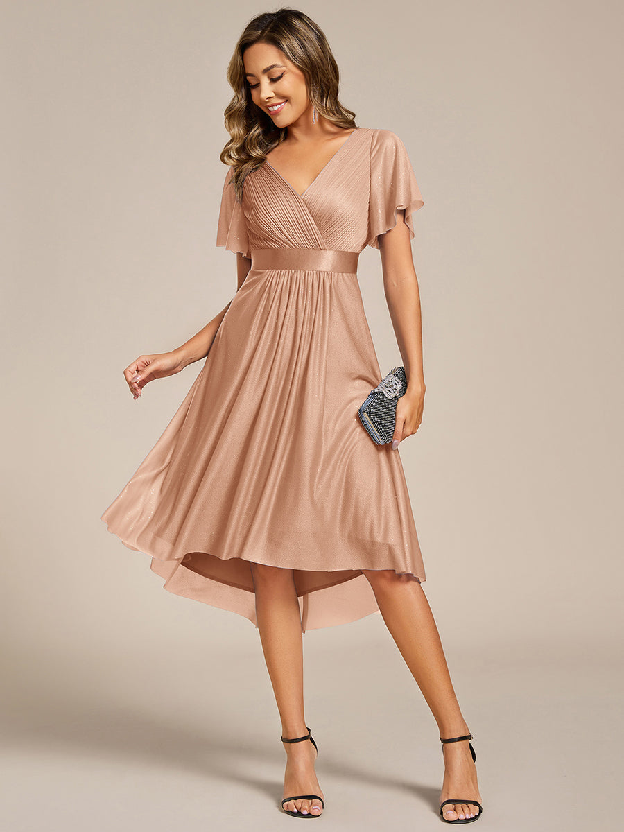 V-Neck Ruffles Sleeve Asymmetrical Hem Midi Length Wedding Guest Dress #color_Rose Gold