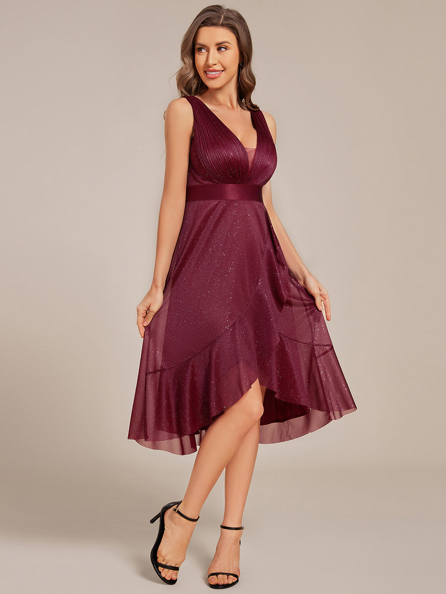 Deep V-Neck Pleated Lotus Leaf Sleeveless Midi Length Wedding Guest Dress #color_Burgundy