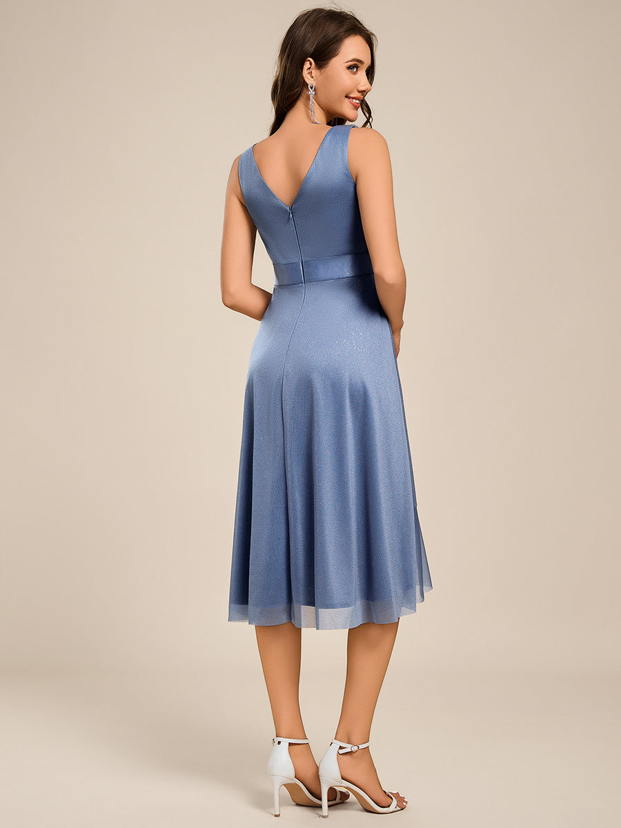 Deep V-Neck Pleated Lotus Leaf Sleeveless Midi Length Wedding Guest Dress #color_Dusty Blue