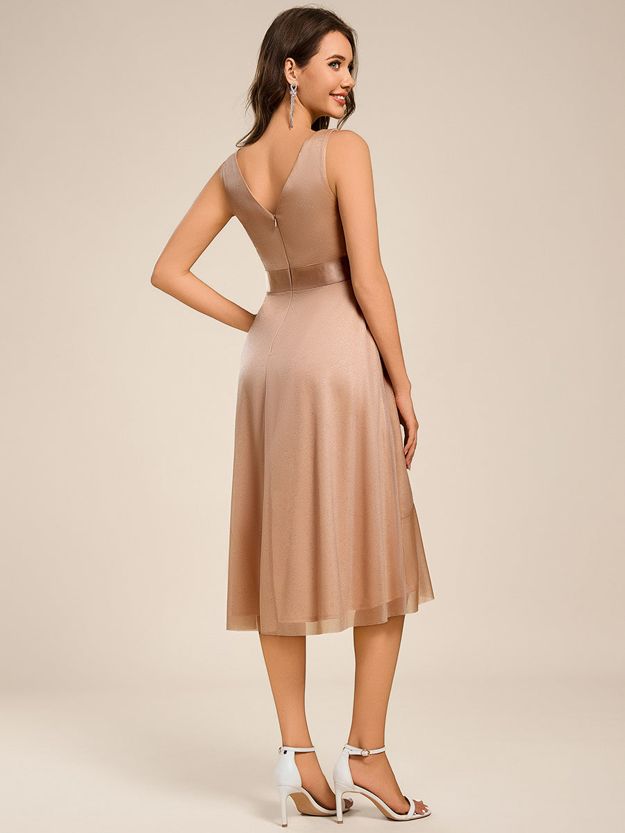 Deep V-Neck Pleated Lotus Leaf Sleeveless Midi Length Wedding Guest Dress #color_Rose Gold