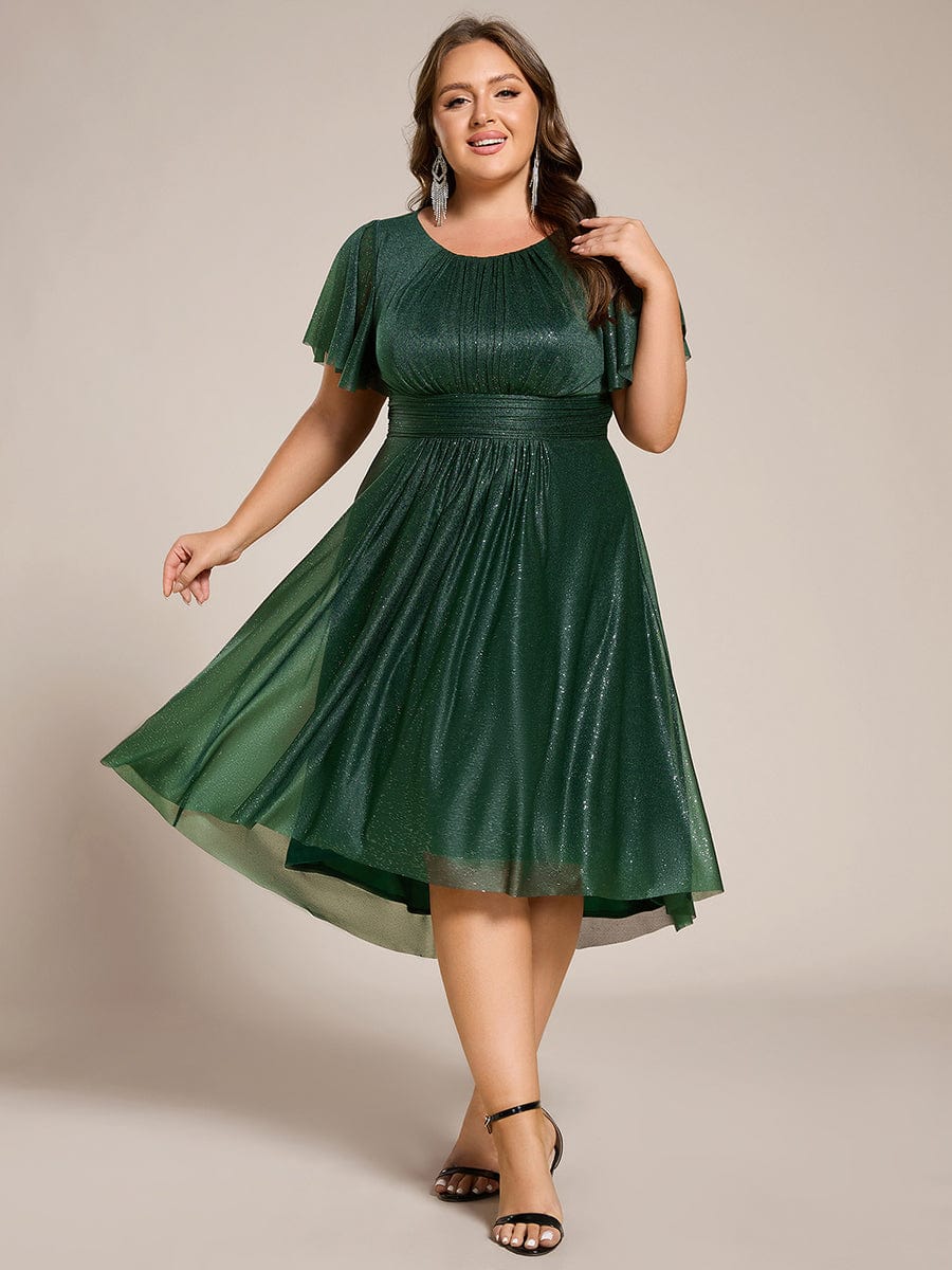 Glitter Round Neck Midi Wedding Guest Dress #color_Dark Green