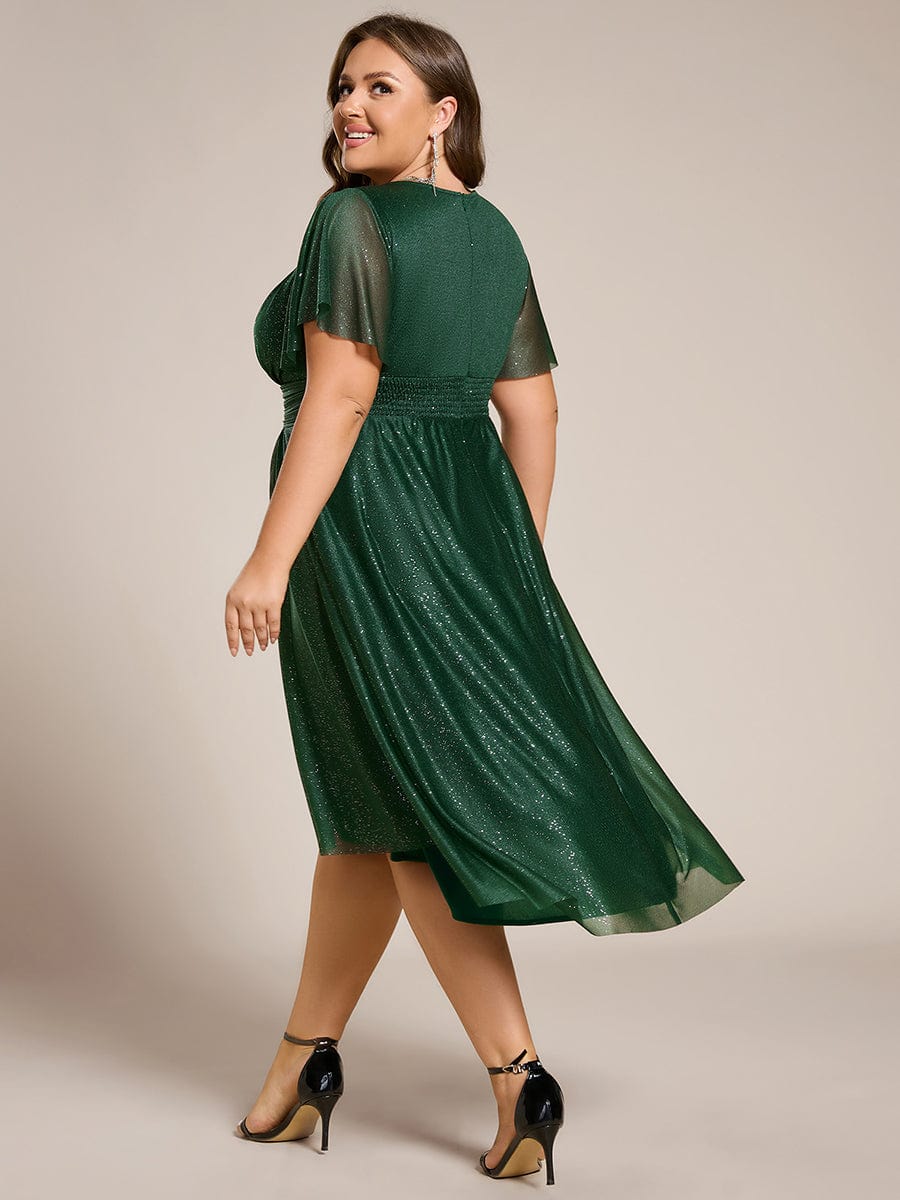 Glitter Round Neck Midi Wedding Guest Dress #color_Dark Green