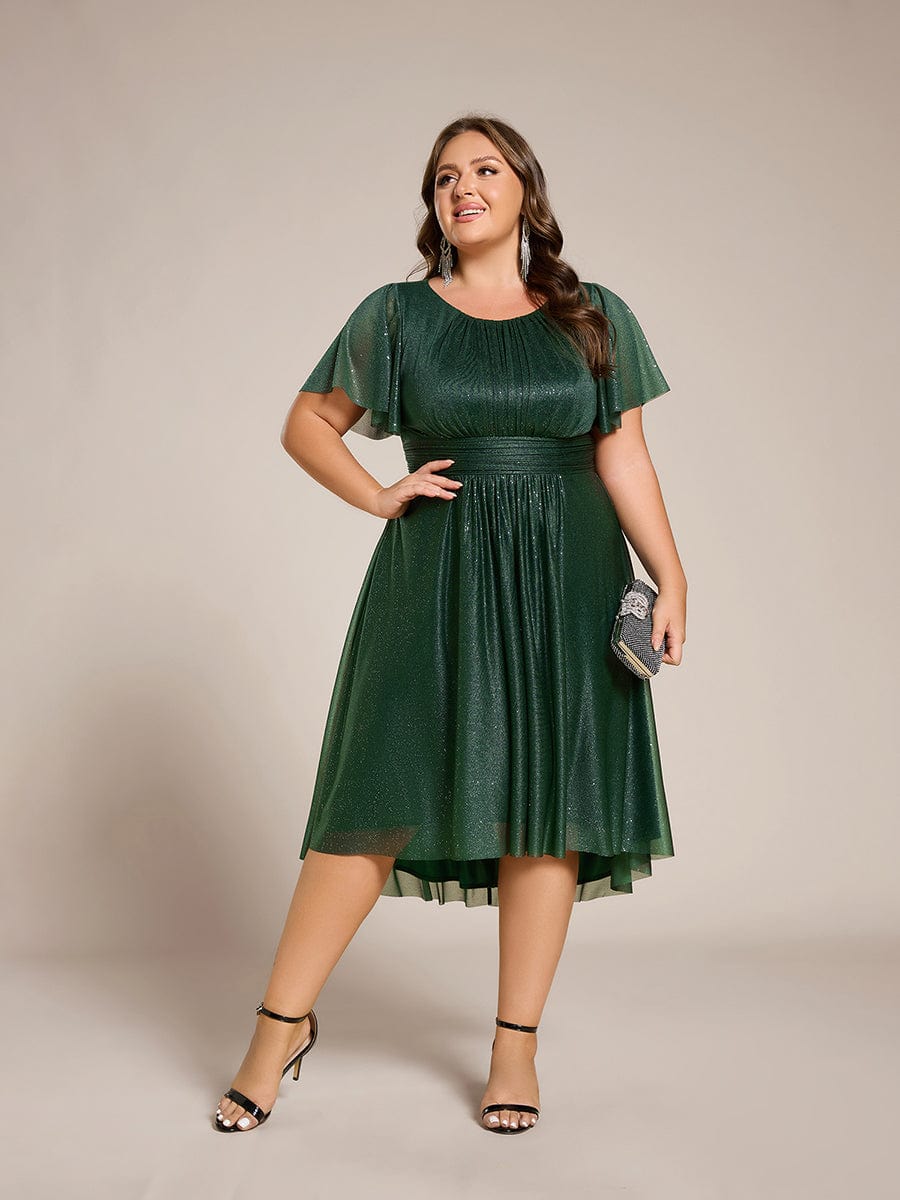 Glitter Round Neck Midi Wedding Guest Dress #color_Dark Green