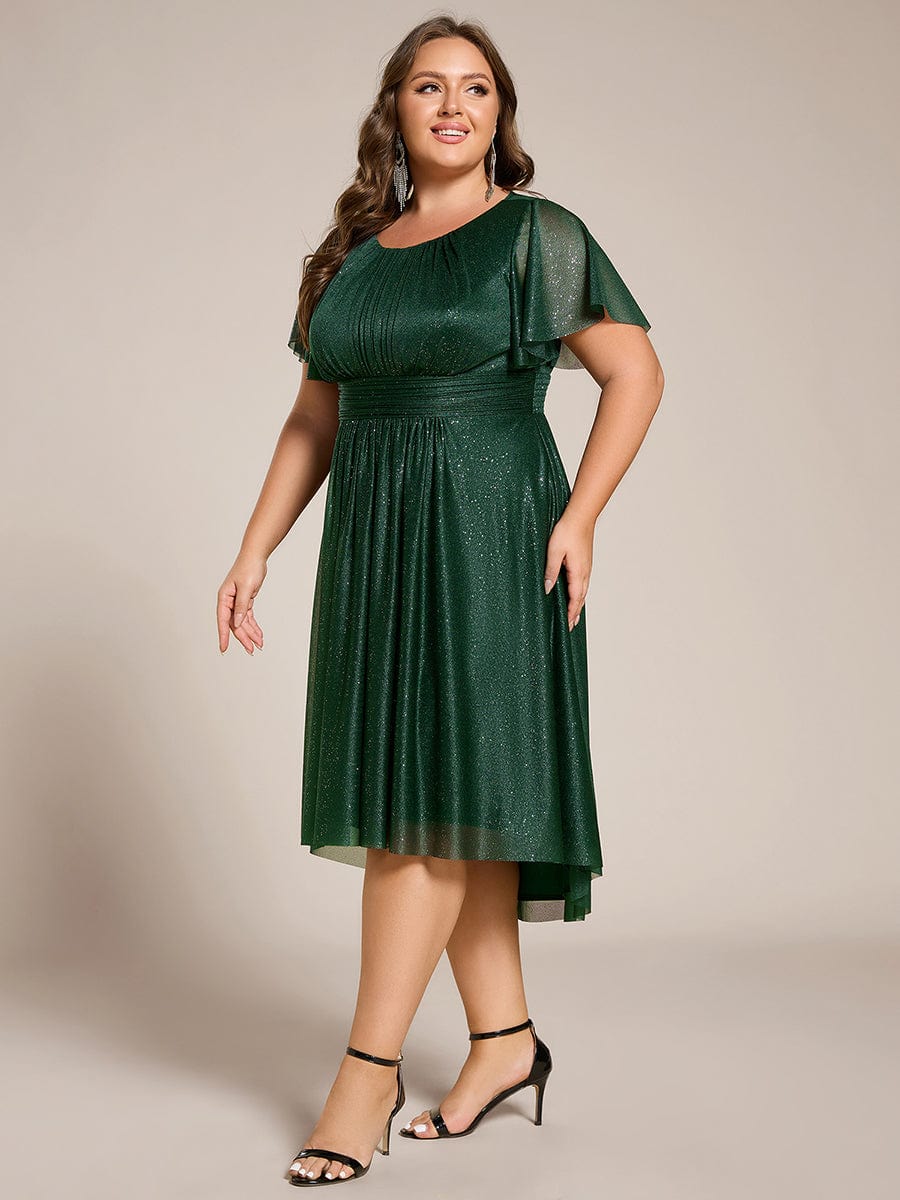 Glitter Round Neck Midi Wedding Guest Dress #color_Dark Green