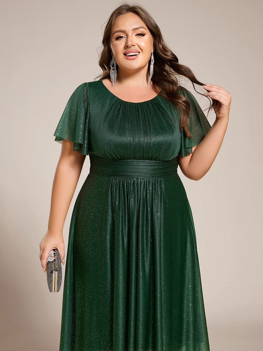 Glitter Round Neck Midi Wedding Guest Dress #color_Dark Green