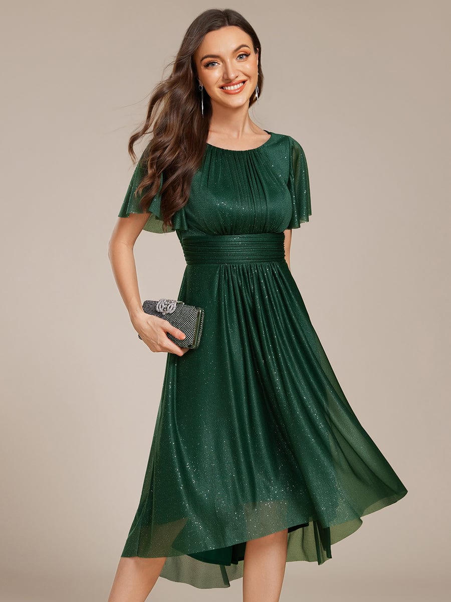 Glitter Round Neck Midi Wedding Guest Dress #color_Dark Green