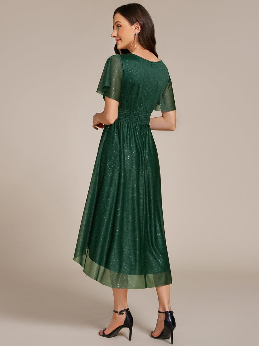 Glitter Round Neck Midi Wedding Guest Dress #color_Dark Green