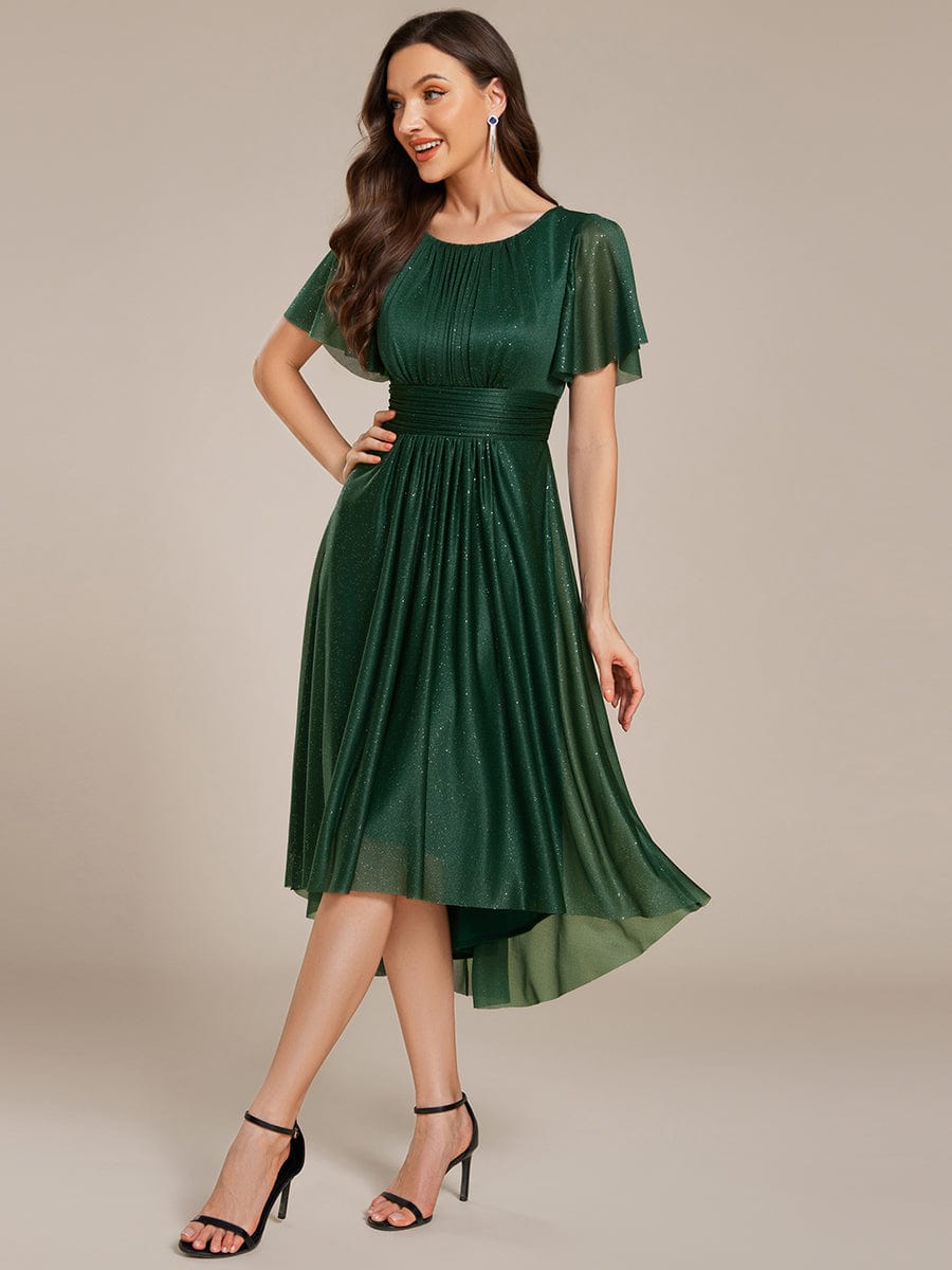 Glitter Round Neck Midi Wedding Guest Dress #color_Dark Green