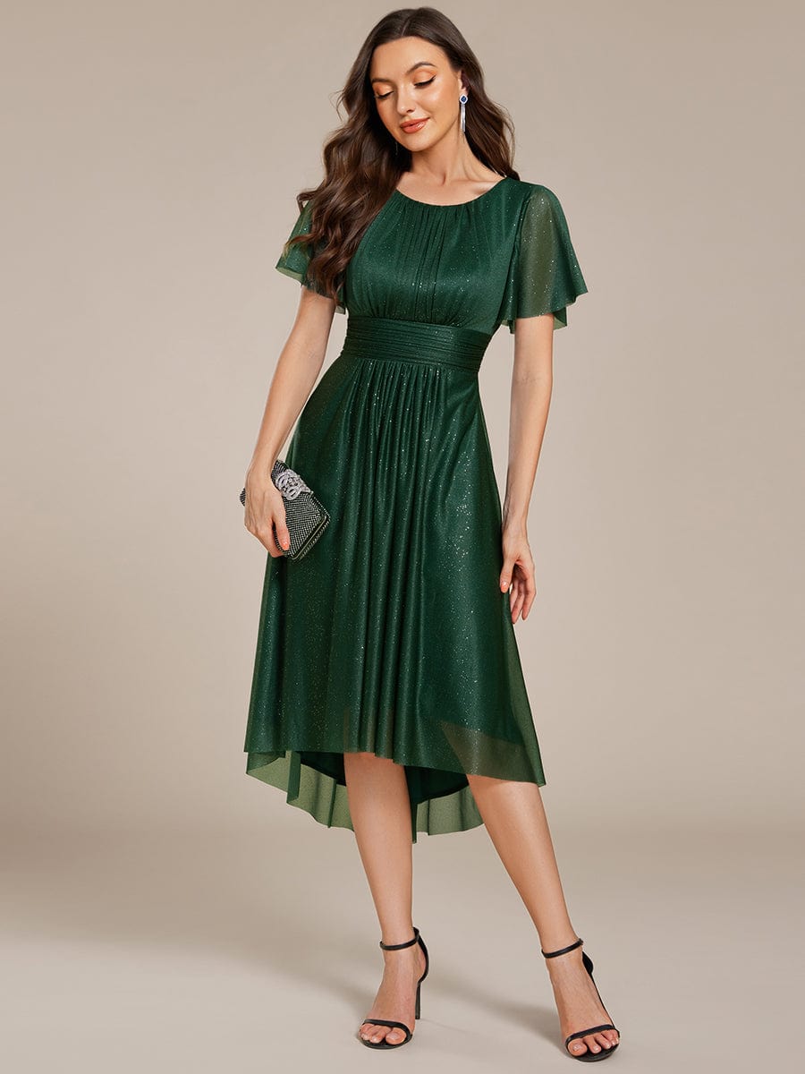 Glitter Round Neck Midi Wedding Guest Dress #color_Dark Green