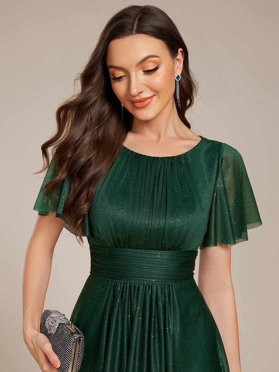 Glitter Round Neck Midi Wedding Guest Dress #color_Dark Green