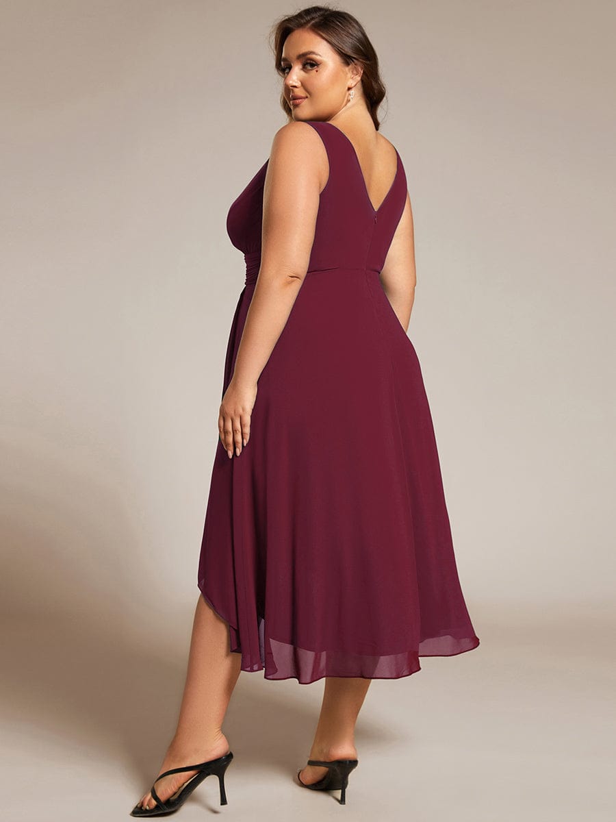 Elegant V-Neck Sleeveless Pleated High-Low Chiffon Wedding Guest Dress #color_Burgundy