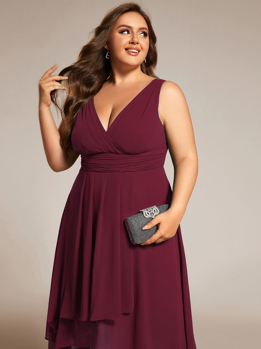 Elegant V-Neck Sleeveless Pleated High-Low Chiffon Wedding Guest Dress #color_Burgundy