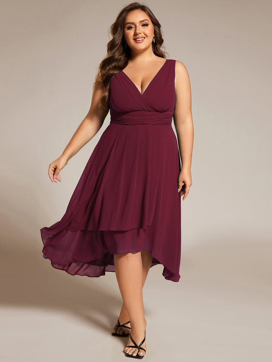 Elegant V-Neck Sleeveless Pleated High-Low Chiffon Wedding Guest Dress #color_Burgundy