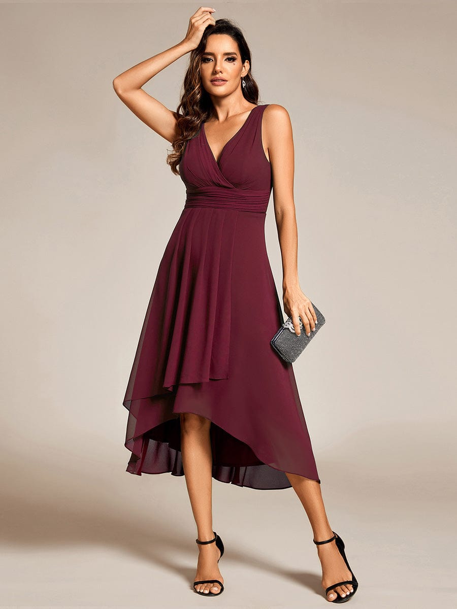 Elegant V-Neck Sleeveless Pleated High-Low Chiffon Wedding Guest Dress #color_Burgundy