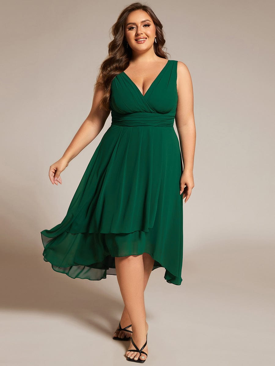 Elegant V-Neck Sleeveless Pleated High-Low Chiffon Wedding Guest Dress #color_Dark Green