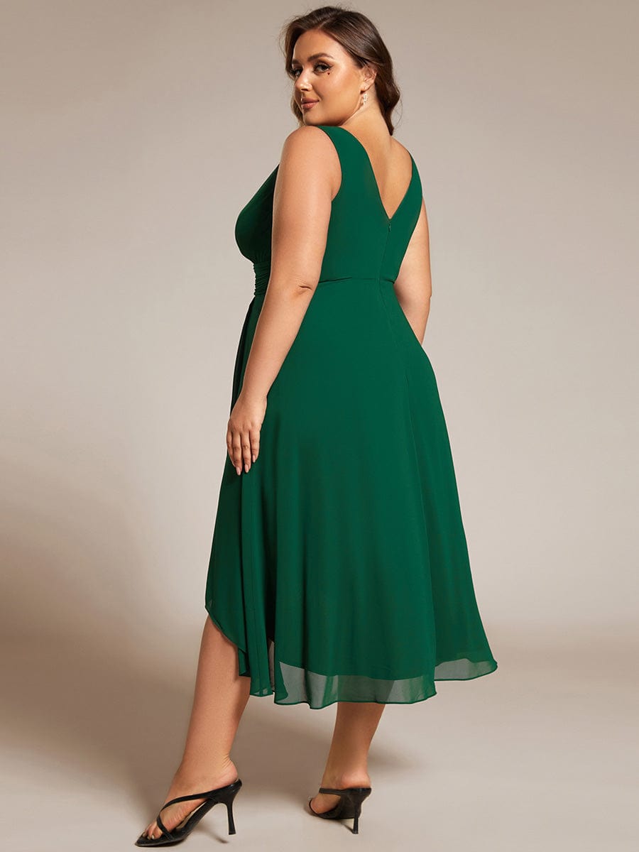 Elegant V-Neck Sleeveless Pleated High-Low Chiffon Wedding Guest Dress #color_Dark Green