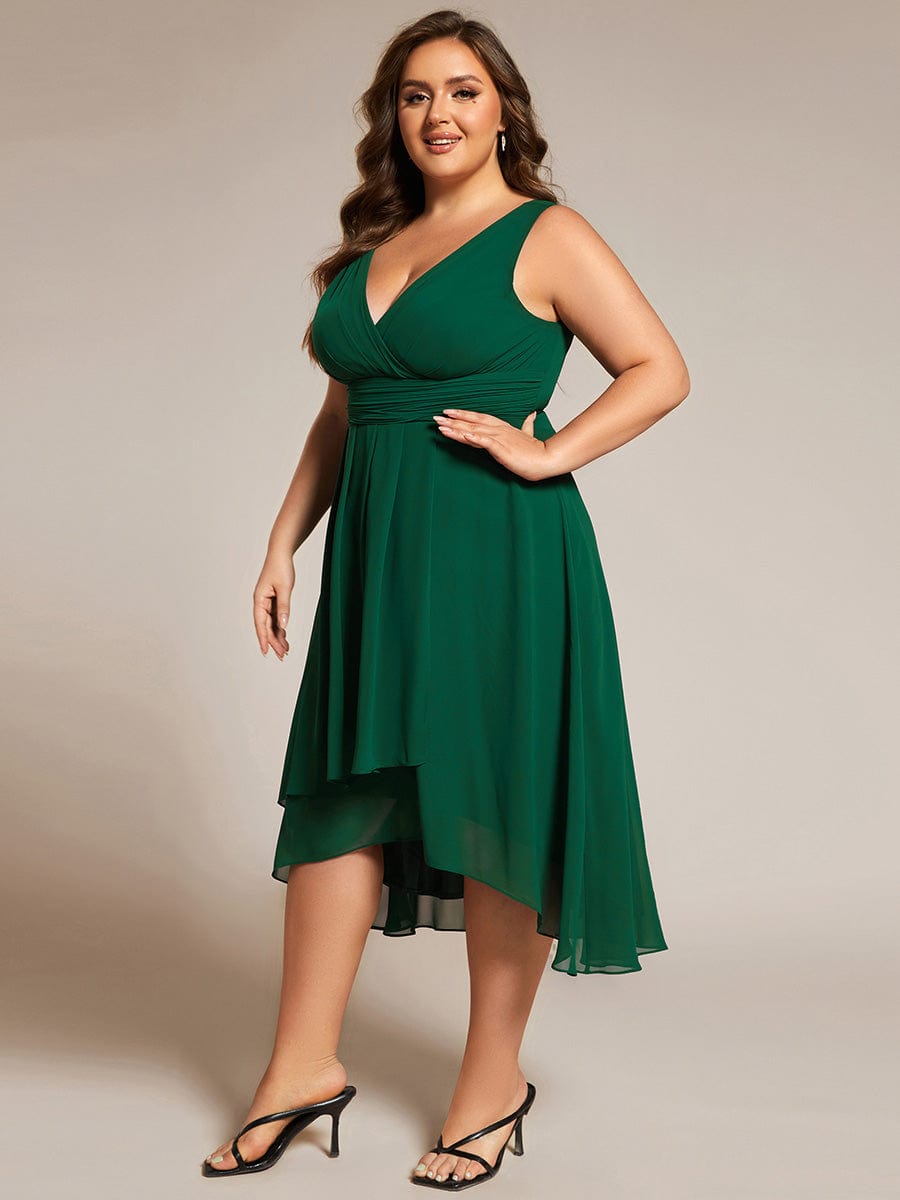 Elegant V-Neck Sleeveless Pleated High-Low Chiffon Wedding Guest Dress #color_Dark Green