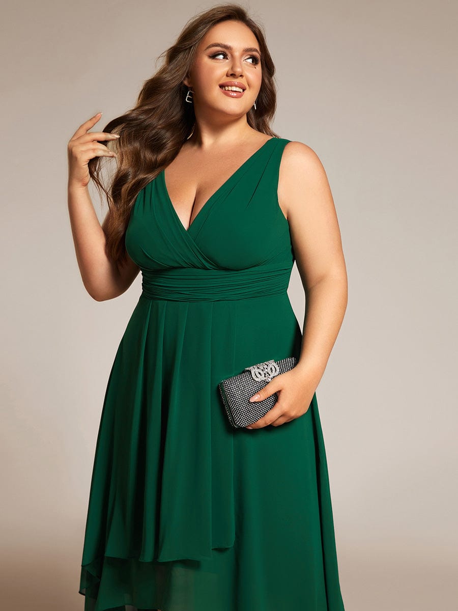 Elegant V-Neck Sleeveless Pleated High-Low Chiffon Wedding Guest Dress #color_Dark Green