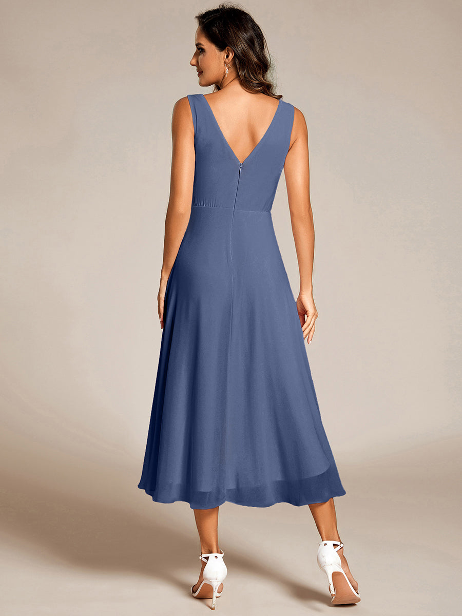 Elegant V-Neck Sleeveless Pleated High-Low Chiffon Wedding Guest Dress #color_Dusty Blue